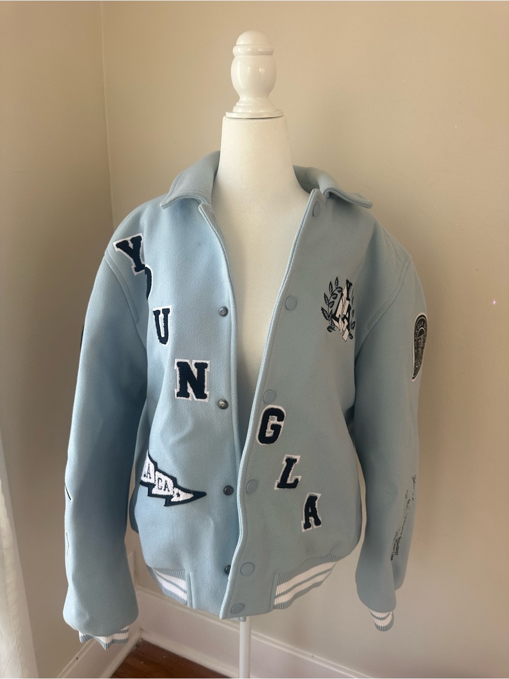 YoungLA Ace of Spades Letterman Varsity Jacket Baby Blue Embroidered